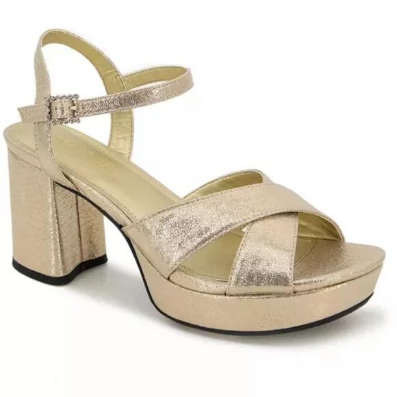 Kenneth Cole Reaction 7.5 Gold Block Heel Sandals Platform Strappy Party Glam - Picture 1 of 8